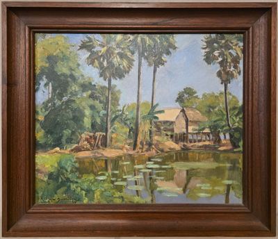une peinture représentant une peinture d'une maison dans les bois