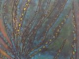 peinture abstraite représentant une plante dans un vase sur fond bleu