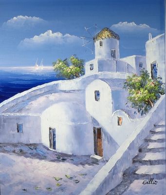 Ecole XXème. Village en Grèce. Huile sur toile.