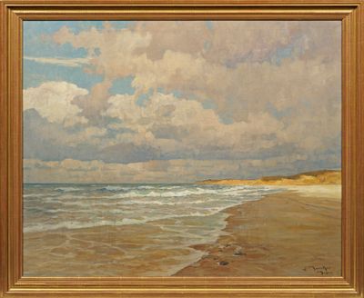 une image représentant un tableau représentant une scène de plage avec des vagues qui déferlent