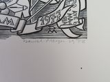 a black and white drawing of a clock with a ribbon around it