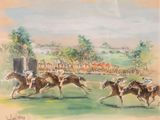 une peinture représentant une course de chevaux avec des jockeys et des chevaux