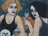 tableau représentant deux femmes assises à une table, en compagnie d'un chien et d'un verre de vin