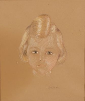 dessin représentant une jeune fille aux cheveux blonds, dans un cadre marron