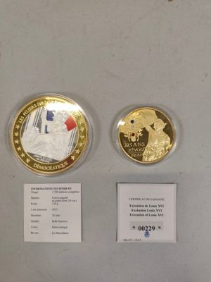 deux pièces d'or sur lesquelles figurent un chien et un drapeau