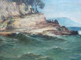 une peinture à l'huile représentant une falaise rocheuse avec un plan d'eau au premier plan