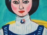 a painting of a woman in a blue dress with a white collared shirt