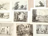 several drawings of trees and buildings are displayed on a table