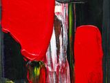 abstract painting of red and black shapes on a black background