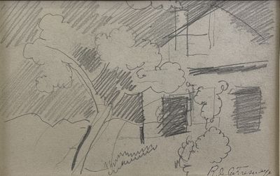 dessin représentant un homme avec une guitare devant une maison