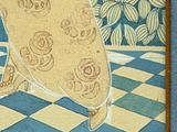 a picture of a painting of a surfboard on a checkered floor