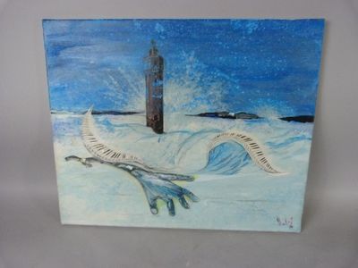 painting of a lighthouse in the middle of the ocean with waves crashing