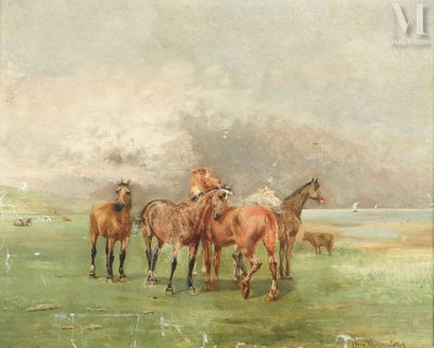 Ecole du XXème siècle Chevaux dans le pré en bord de mer
