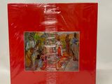 an image of a red album cover with a picture of a group of people in a park