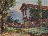 an oil painting of a house on a hill with trees in the foreground