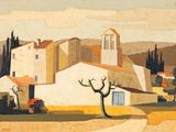 an image of a painting of a village with a tree in the foreground