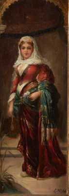 une peinture à l'huile représentant une femme en robe rouge avec un châle blanc