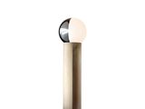the lamp is made of wood and has a glass ball on it