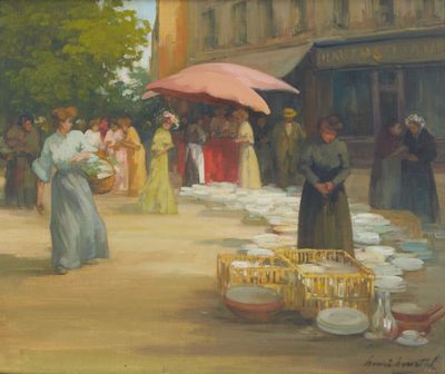 un tableau représentant une femme tenant un parapluie sur un marché