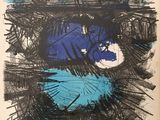 un dessin représentant une peinture abstraite bleue et noire sur une feuille blanche