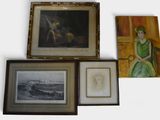 quatre photos encadrées représentant une femme en robe verte et un tableau représentant un homme en robe verte