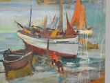a painting of a boat in the water next to other boats
