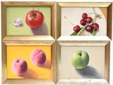 paintings of fruit and vegetables are displayed in a wooden frame