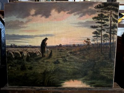 un tableau représentant un homme debout dans un champ avec un troupeau de moutons
