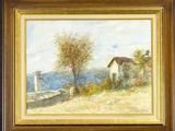 an image of a painting of a house by the water