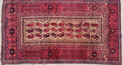a red rug with a floral design on a white background