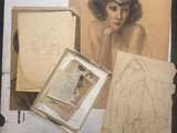 a painting of a woman sitting on top of a table next to a book