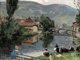un tableau représentant des personnes assises au bord d'une rivière