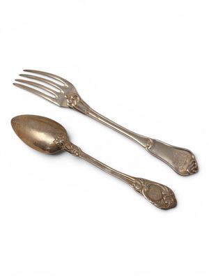 pair of antique silverware spoons and fork on a white background