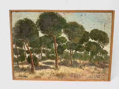 an oil painting of trees in a field with a blue sky in the background