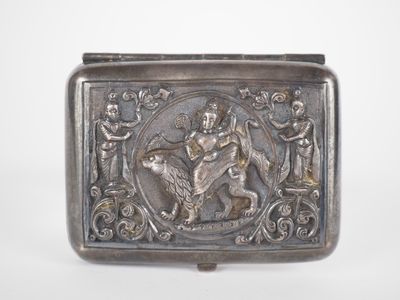 an image of a silver box with a picture of a man on a horse