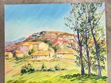 une image représentant un tableau représentant un paysage avec des arbres et des maisons