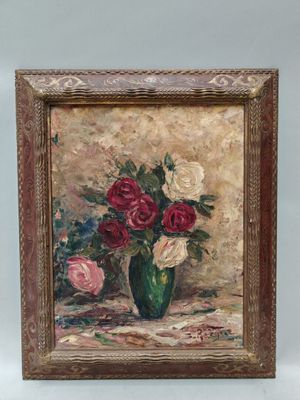 une peinture de roses dans un vase sur une table