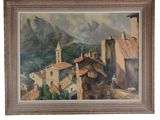 an oil painting of a village with a church and mountains in the background