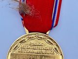 gold medal with red ribbon on white background with blue and red ribbon