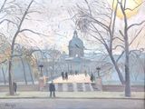 un tableau représentant des personnes se promenant dans un parc, avec une tour horloge en arrière-plan