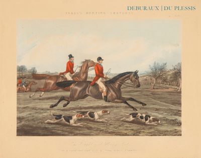 un tableau représentant deux hommes à cheval, avec des chiens en arrière-plan