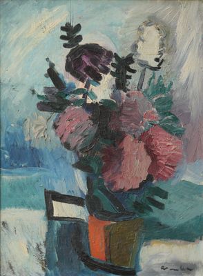 une image d'une peinture de fleurs dans un vase sur une table