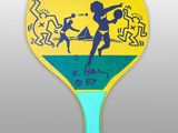 a paddle with a drawing of people playing tennis on it