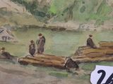 a watercolor painting of a group of people standing on logs
