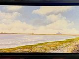 a painting of a view of a beach from a window