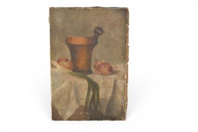 une image représentant un tableau sur lequel figurent un vase et des oignons posés sur une table