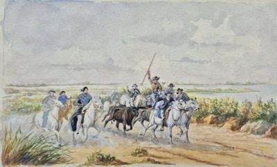 painting of a group of men riding horses on a beach