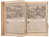 an open book with a drawing of a man being taken out of it