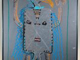 painting of a drawing of a robot on a wooden easel