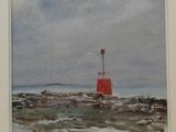 une photo d'un tableau représentant un phare rouge dans la neige